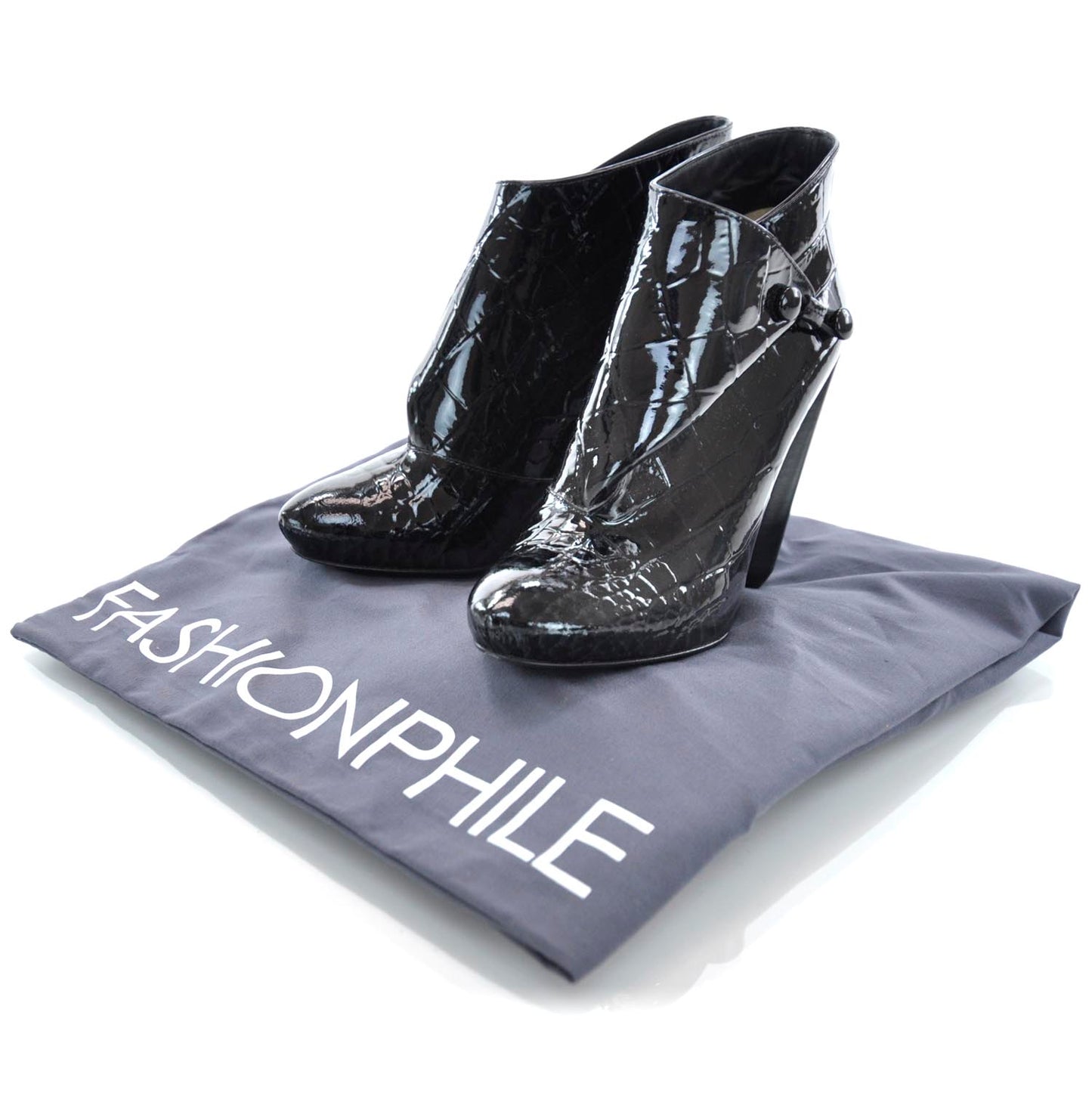 Crocodile Embossed Patent Leather Delft Cornelia Ankle Boots 35 Black