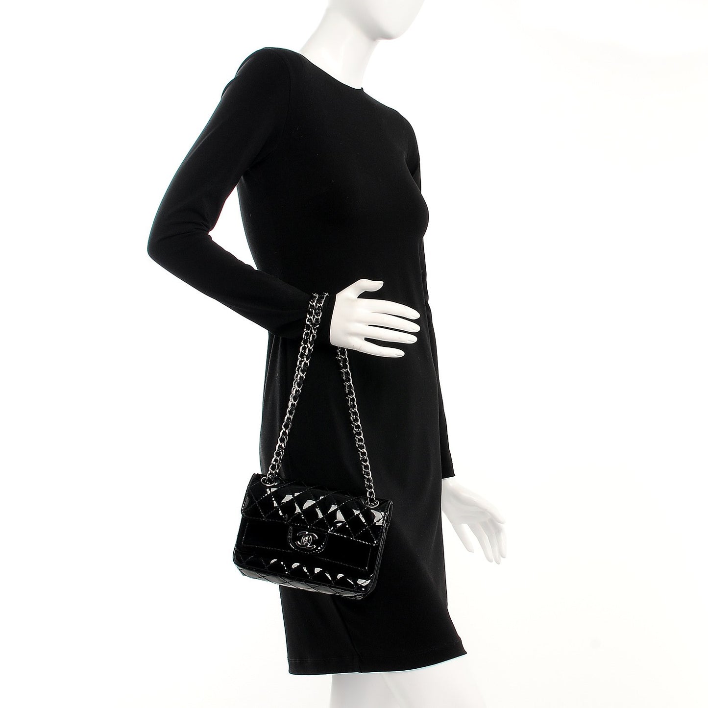 Patent Calfskin Quilted Mini Rectangular Double Flap Black