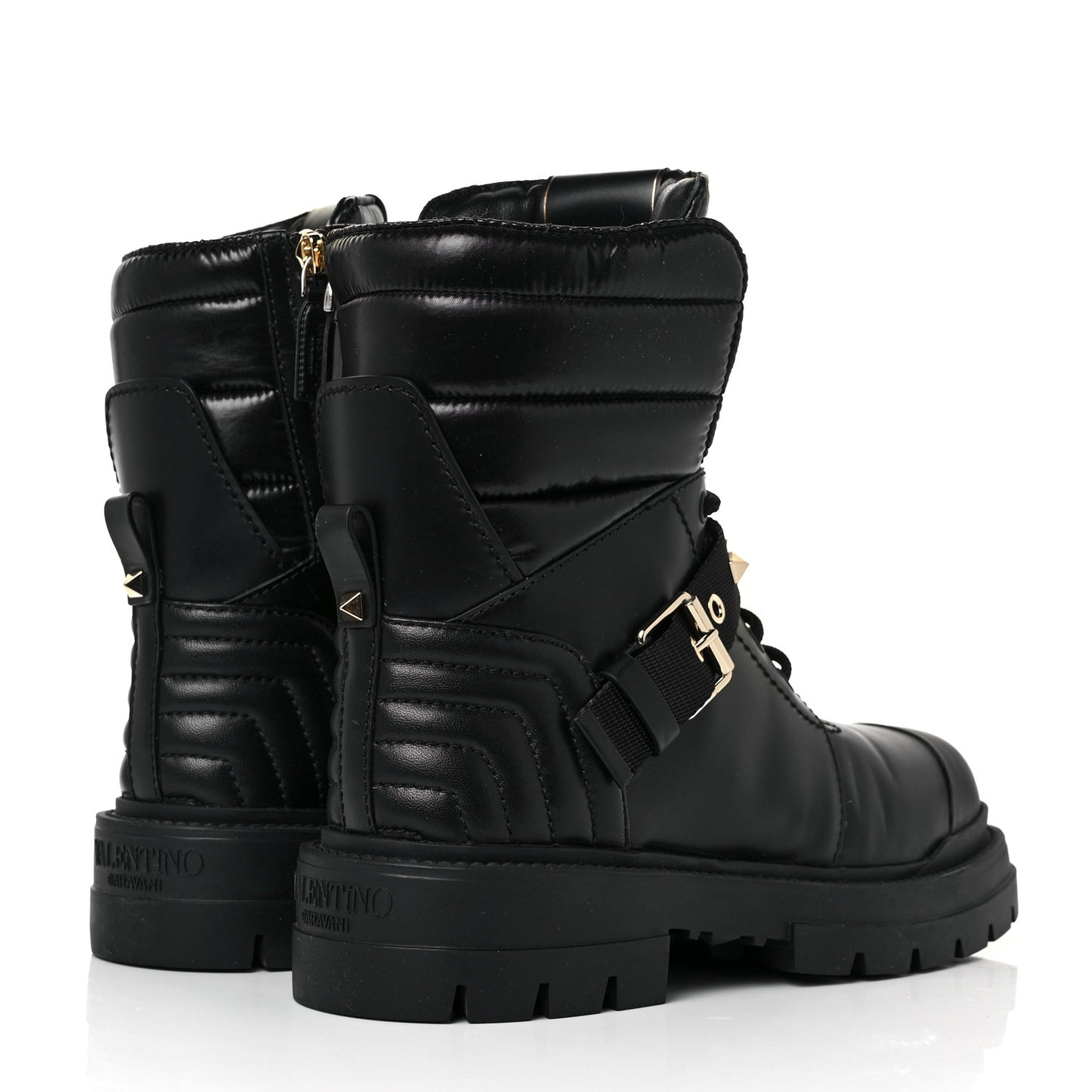 Calfskin Nylon Quilted Waterproof Rockstud Combat Boots 39 Black