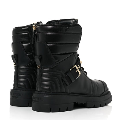 Valentino Garavani Calfskin Nylon Quilted Waterproof Rockstud Combat Boots 39 Black 4 of 8