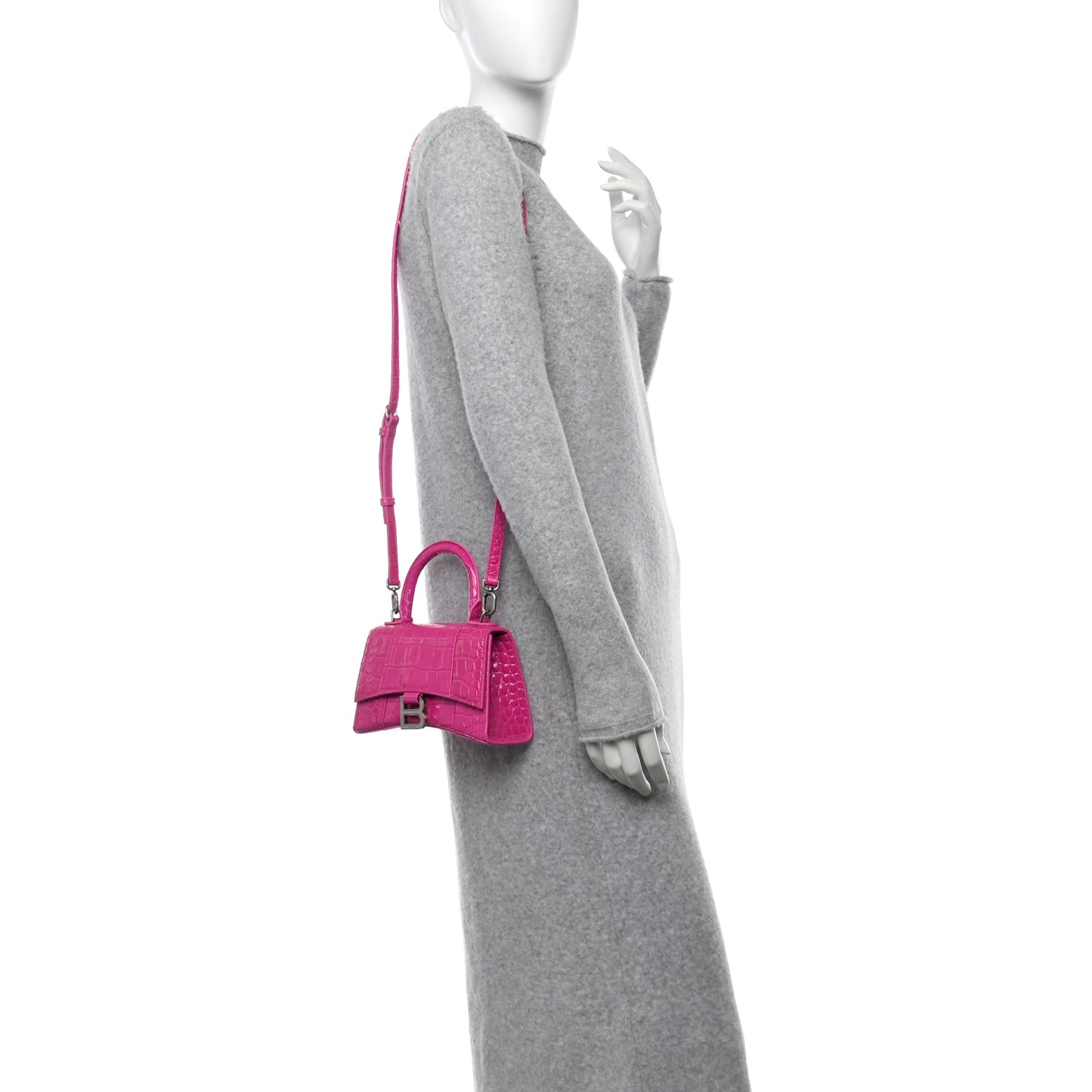 Shiny Calfskin Crocodile Embossed Hourglass Top Handle Bag XS Lipstick Pink