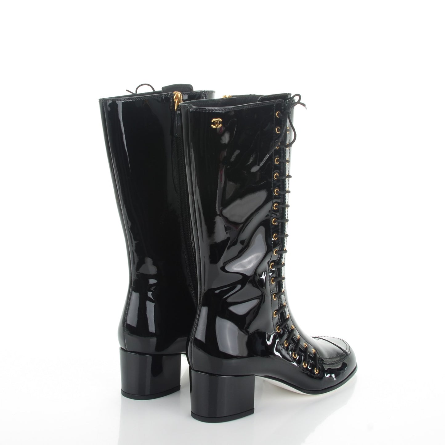 Patent Calfskin CC Lace Up Boots 38.5 Black