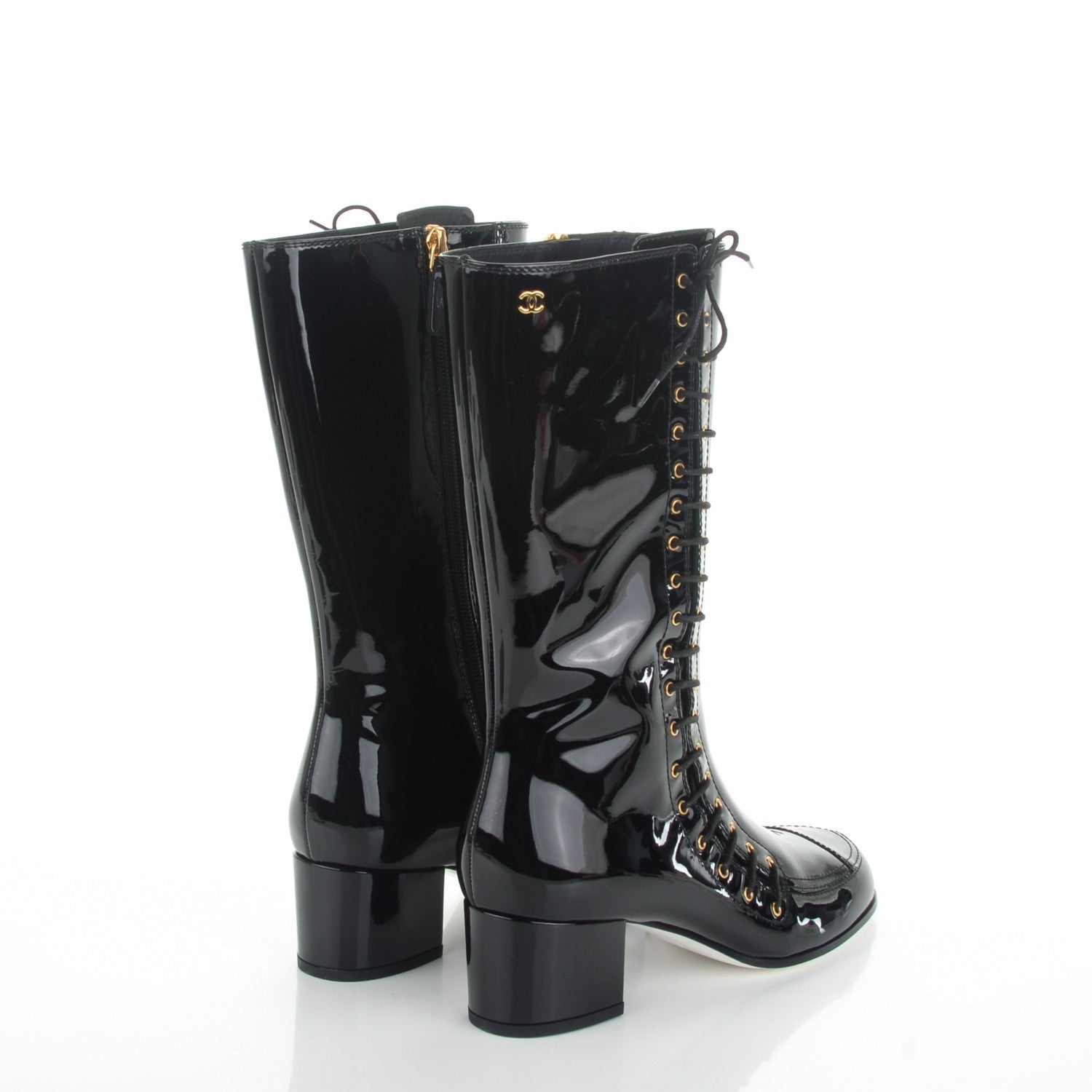 Chanel Patent Calfskin CC Lace Up Boots 38.5 Black 4 of 8