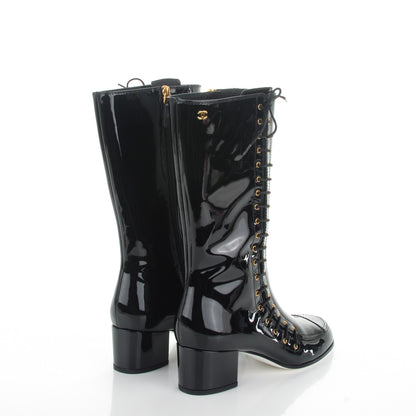 Chanel Patent Calfskin CC Lace Up Boots 38.5 Black 4 of 8