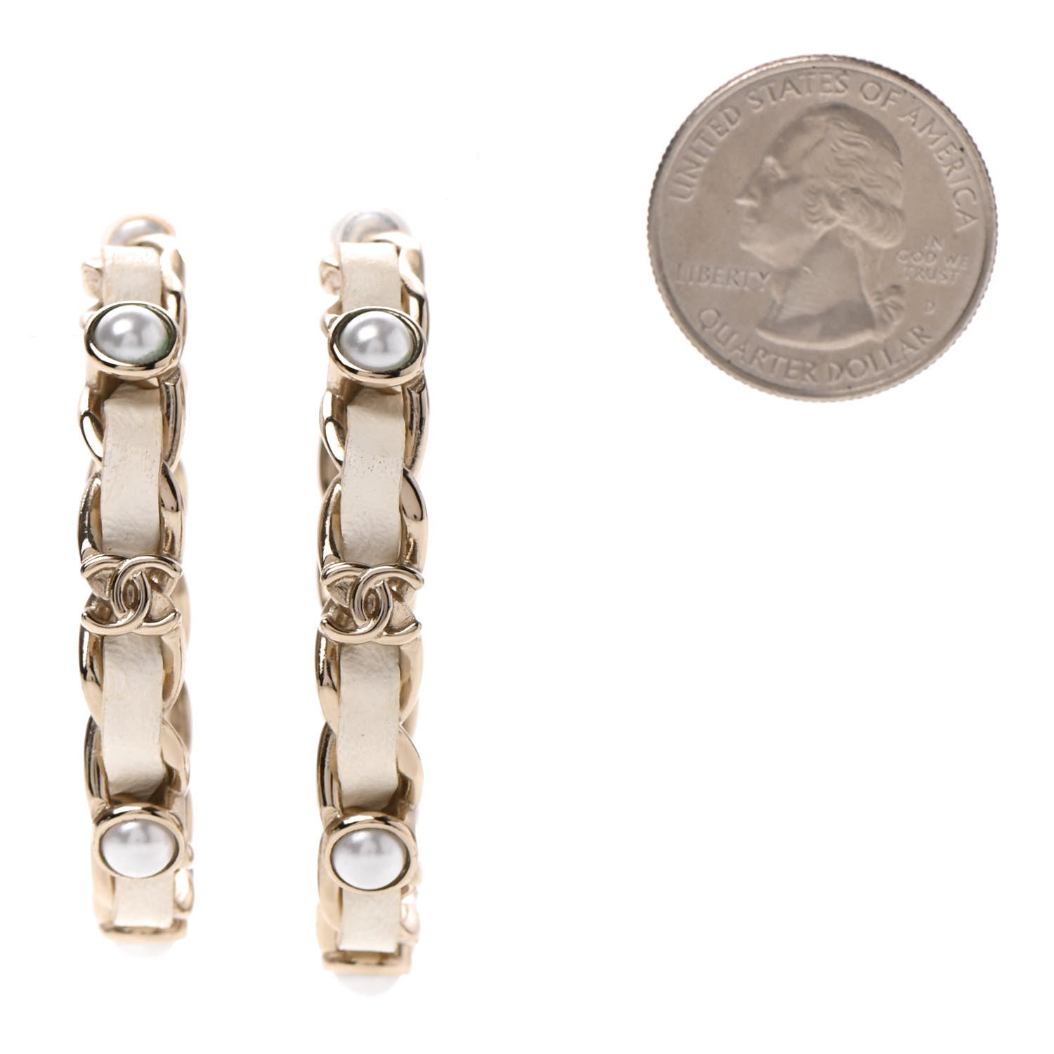 Chanel Lambskin Pearl More Is More CC Chain Hoop Earrings Matte Gold White 2 of 4