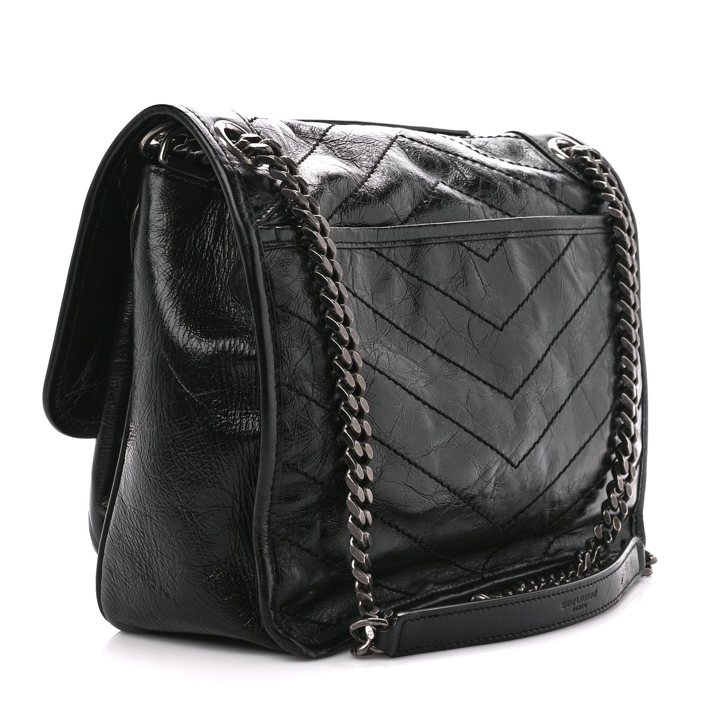 Crinkled Calfskin Matelasse Monogram Medium Niki Chain Satchel Black