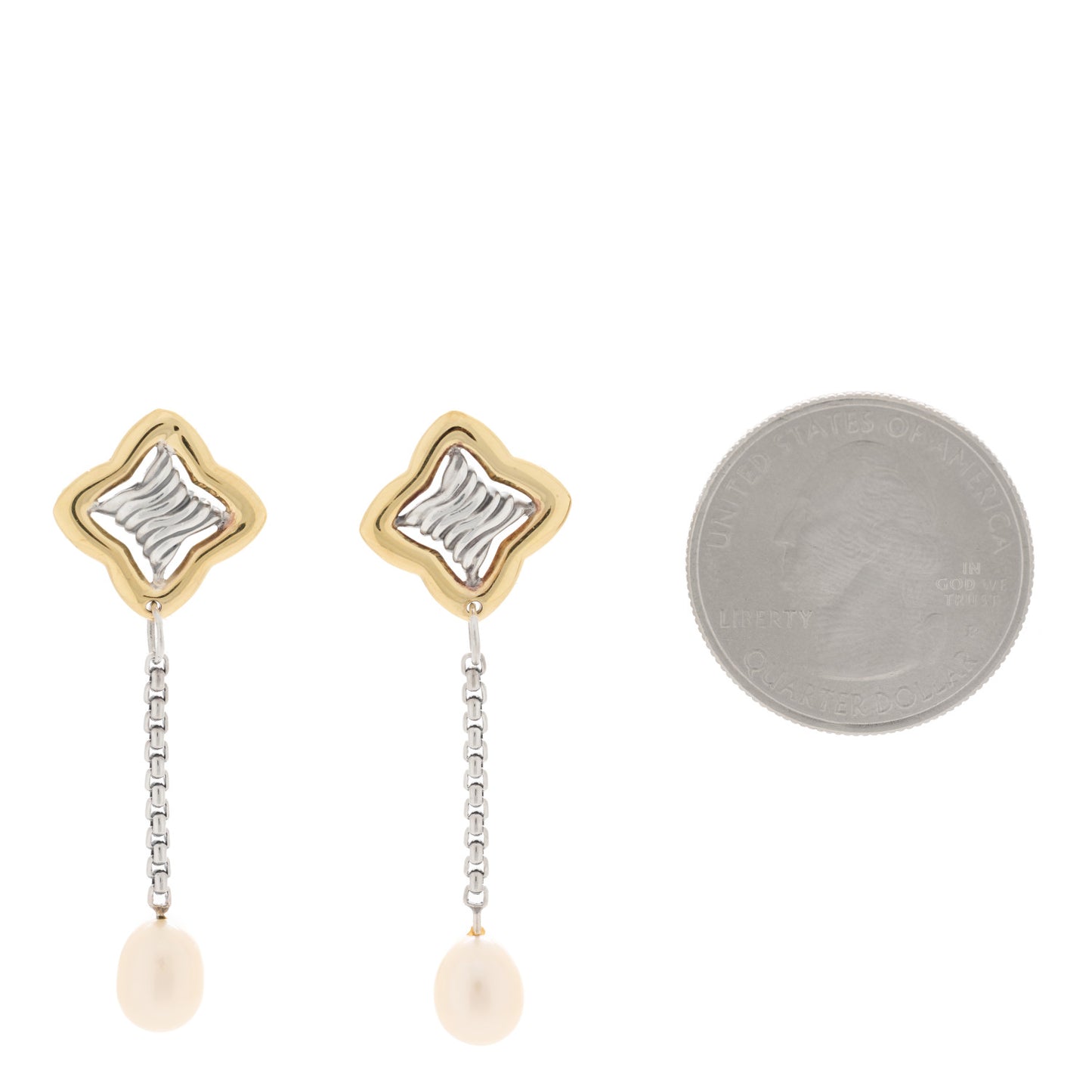 Sterling Silver 18K Yellow Gold Pearl Quatrefoil Drop Earrings