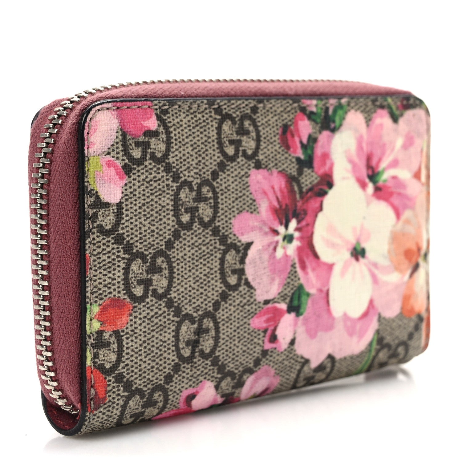 Gucci GG Supreme Monogram Blooms Zip Around Card Case Wallet Beige Multicolor Dry Rose 3 of 8