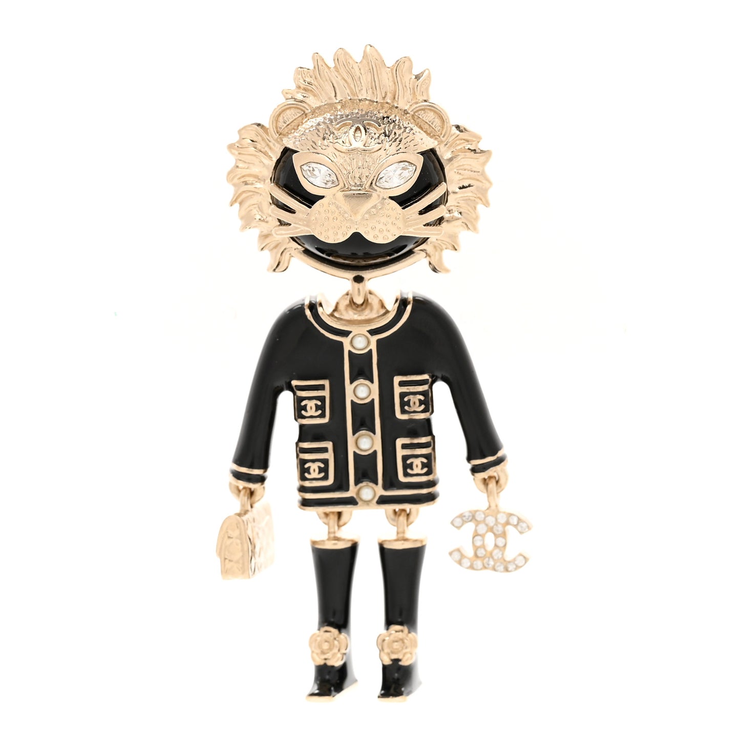 Enamel Crystal Pearl CC Lion Brooch Black White