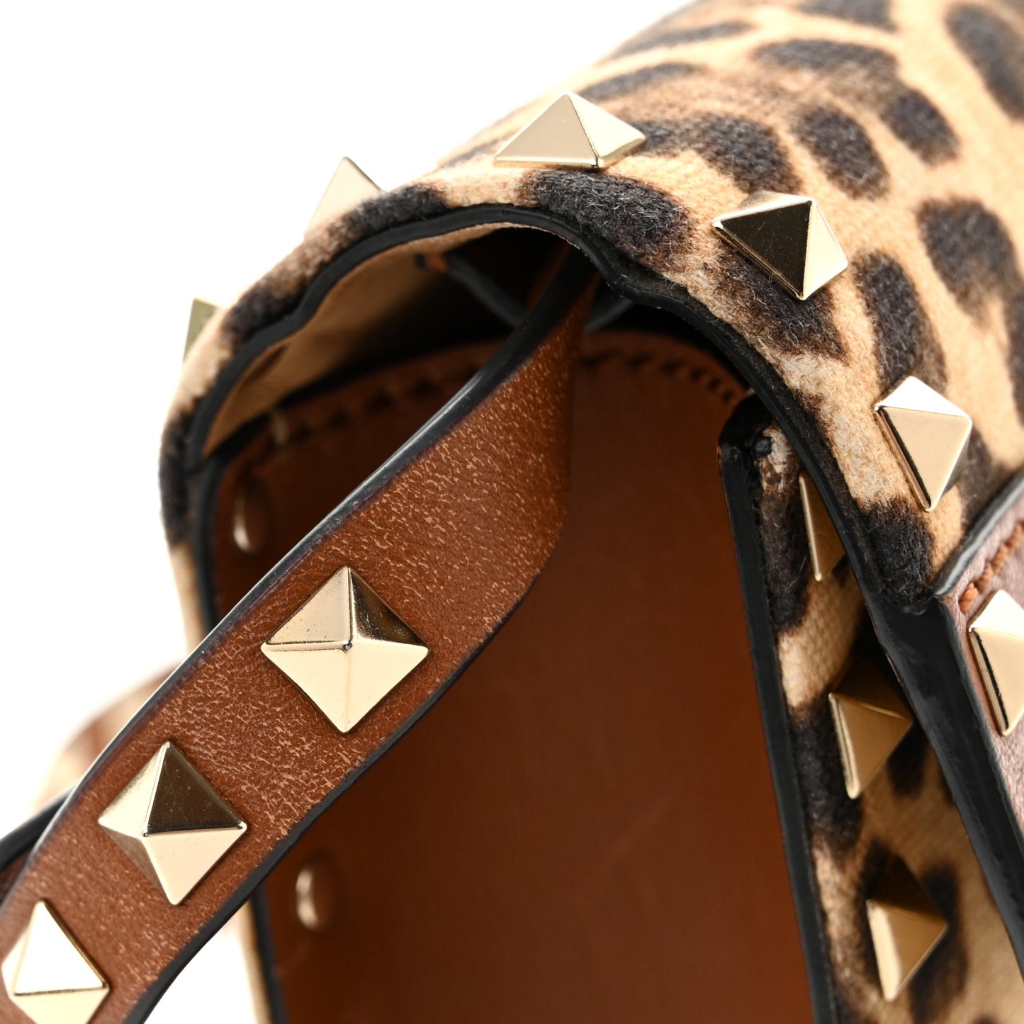 Calfskin Canvas Leopard Print Medium Rockstud Flip Lock Crossbody Bag Tan