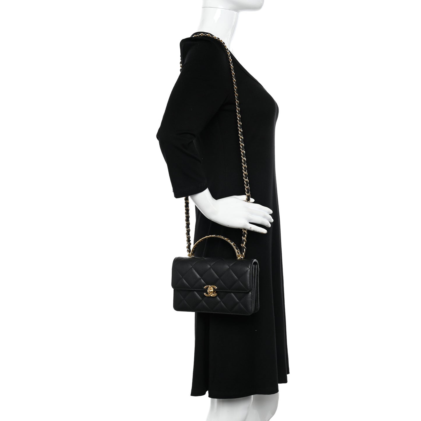 Lambskin Quilted Chain Logo Top Handle Flap Black
