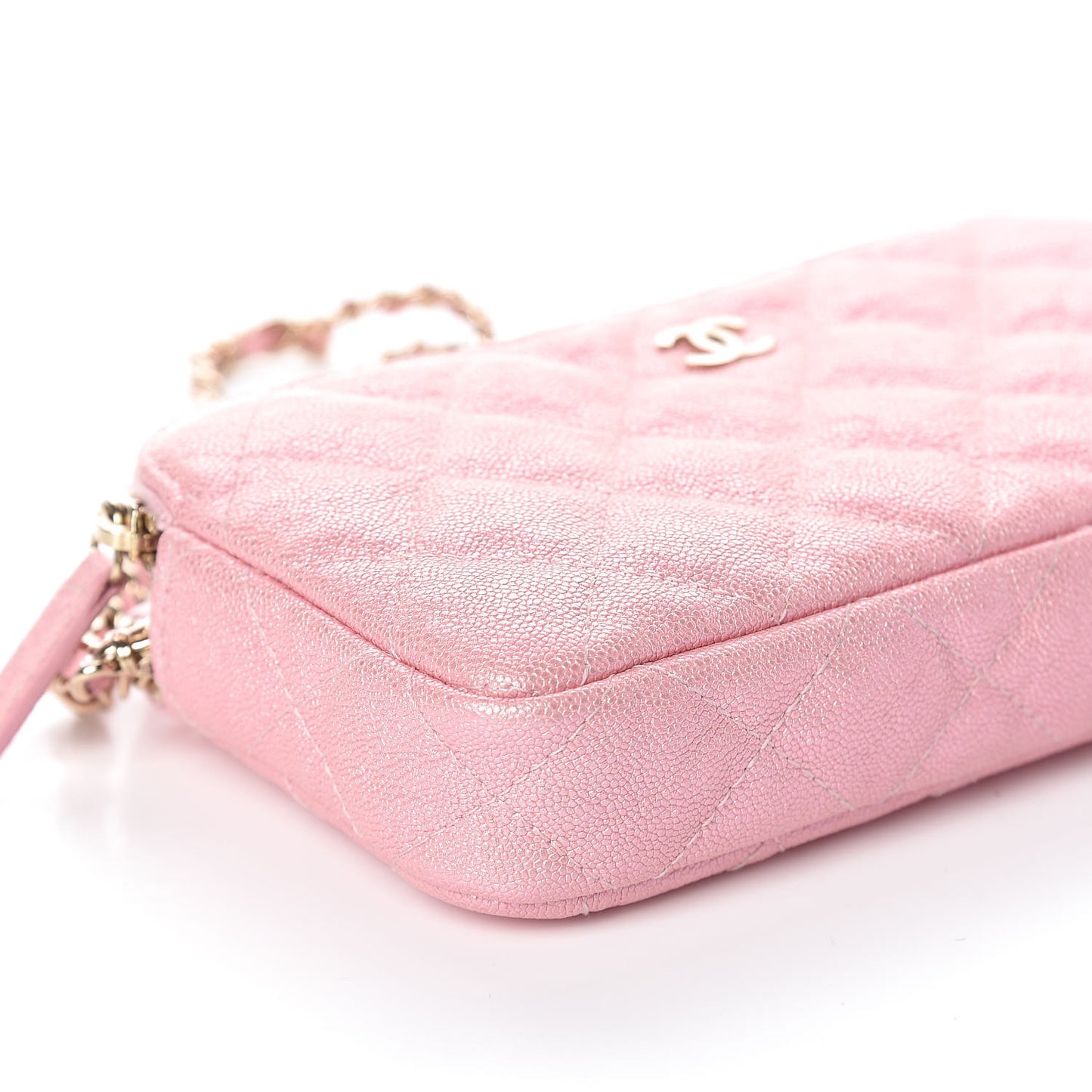 Iridescent Caviar Quilted Small Clutch With Chain Pink