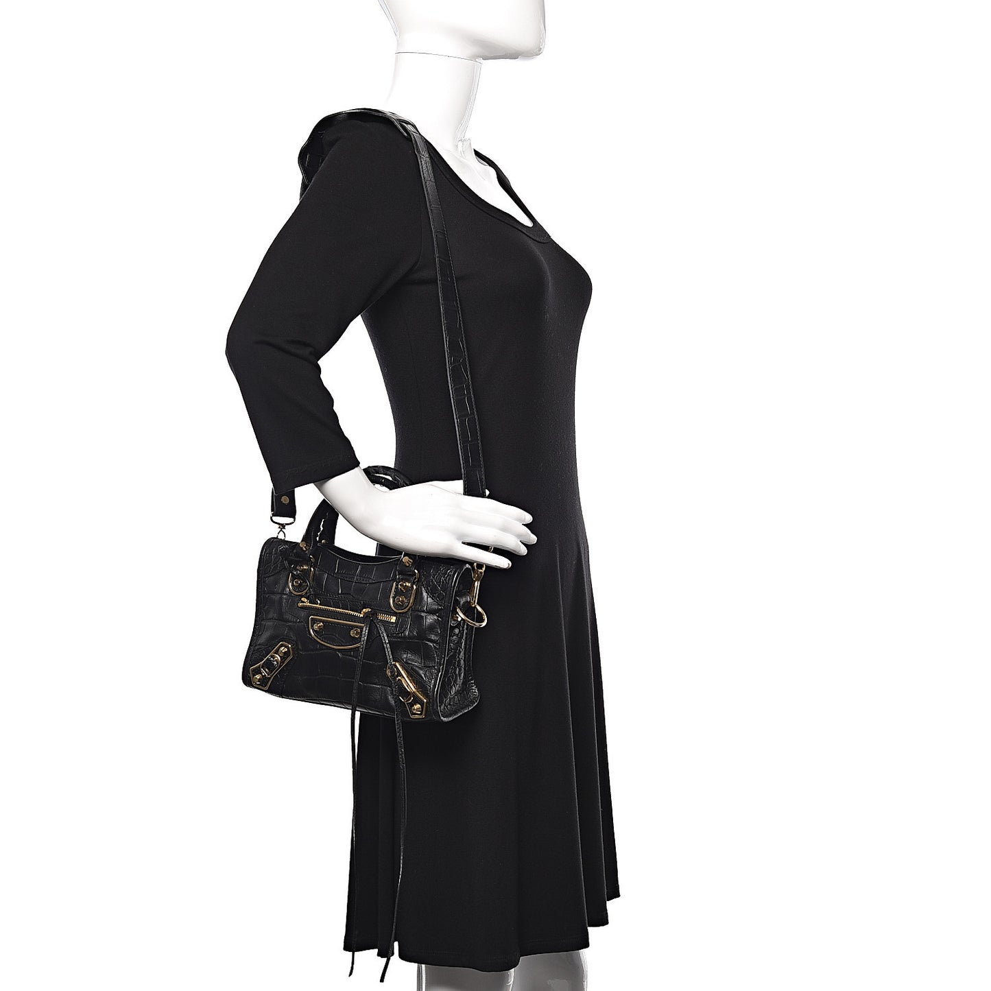 Calfskin Crocodile Embossed Gold Metallic Edge Hardware Mini City Black