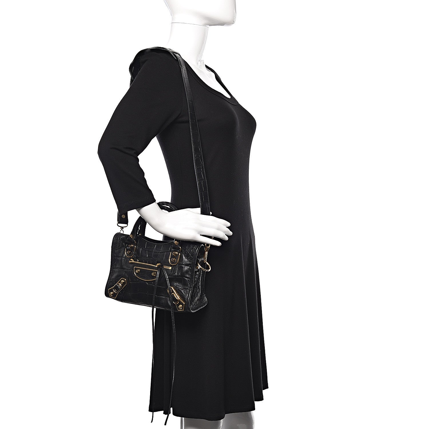 Balenciaga Calfskin Crocodile Embossed Gold Metallic Edge Hardware Mini City Black 2 of 10