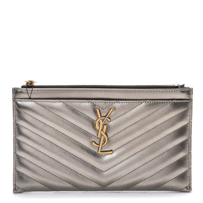 Saint Laurent Metallic Grain De Poudre Matelasse Chevron Monogram Bill Pouch Piombo 1 of 7
