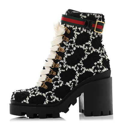 Gucci Tweed GG Monogram Lace Up Combat Ankle Boots 37 Black 1 of 9