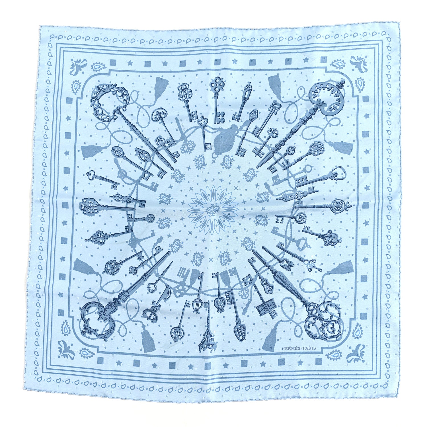 Hermes Silk Les Cles Bandana Scarf 55 Bleu Ciel Bleu Jean Gris 1 of 3