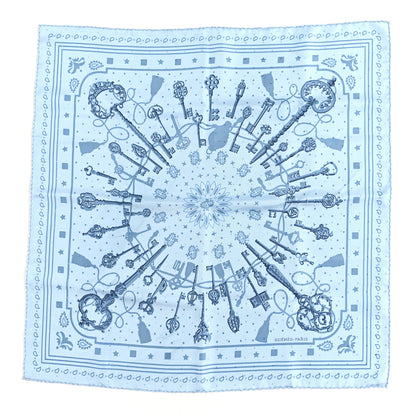 Hermes Silk Les Cles Bandana Scarf 55 Bleu Ciel Bleu Jean Gris 1 of 3
