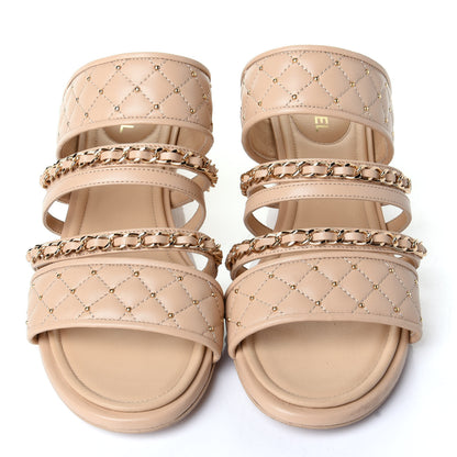 Chanel Lambskin Quilted Chain Mule Sandals 37.5 Beige 5 of 12