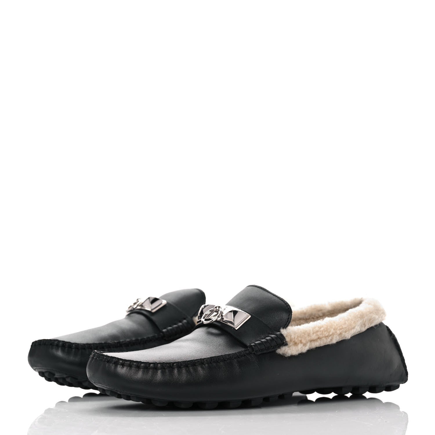 Hermes Calfskin Woolskin Mens Irving Moccasin Loafers 40 Black 3 of 7