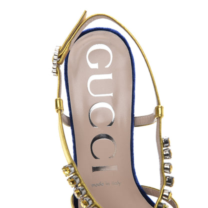 Gucci Velvet Nappa Crystal Zephyra Slingback Platform High Heel Sandals 38 Blue Gold 6 of 8
