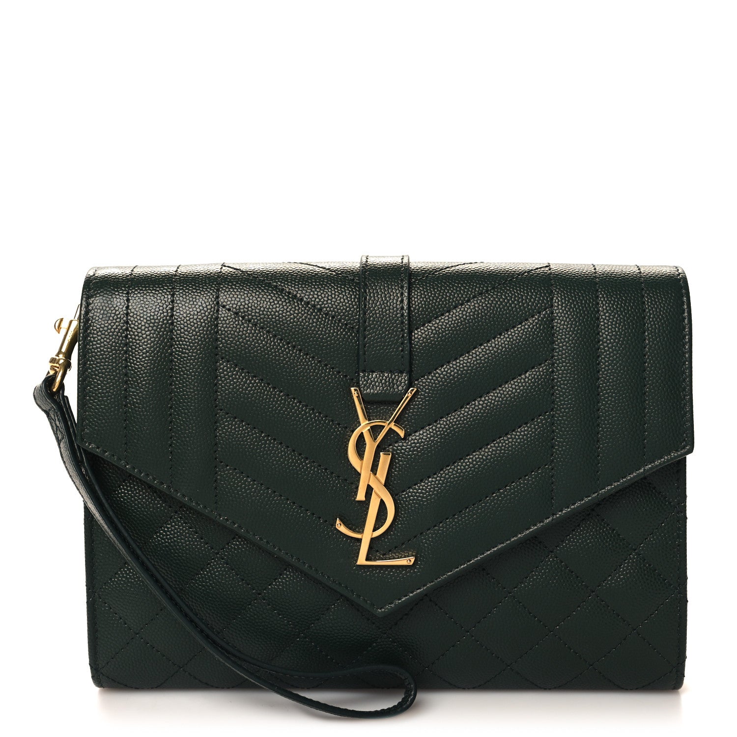 Saint Laurent Grain De Poudre Textured Mixed Matelasse Triquilt Monogram Clutch Vert Fonce 1 of 10
