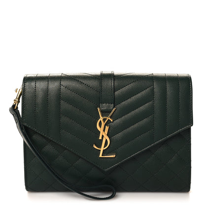 Saint Laurent Grain De Poudre Textured Mixed Matelasse Triquilt Monogram Clutch Vert Fonce 1 of 10