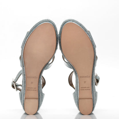 Hermes Patent Calfskin Ilana Espadrille Wedge Sandals 37 Ciel 4 of 6