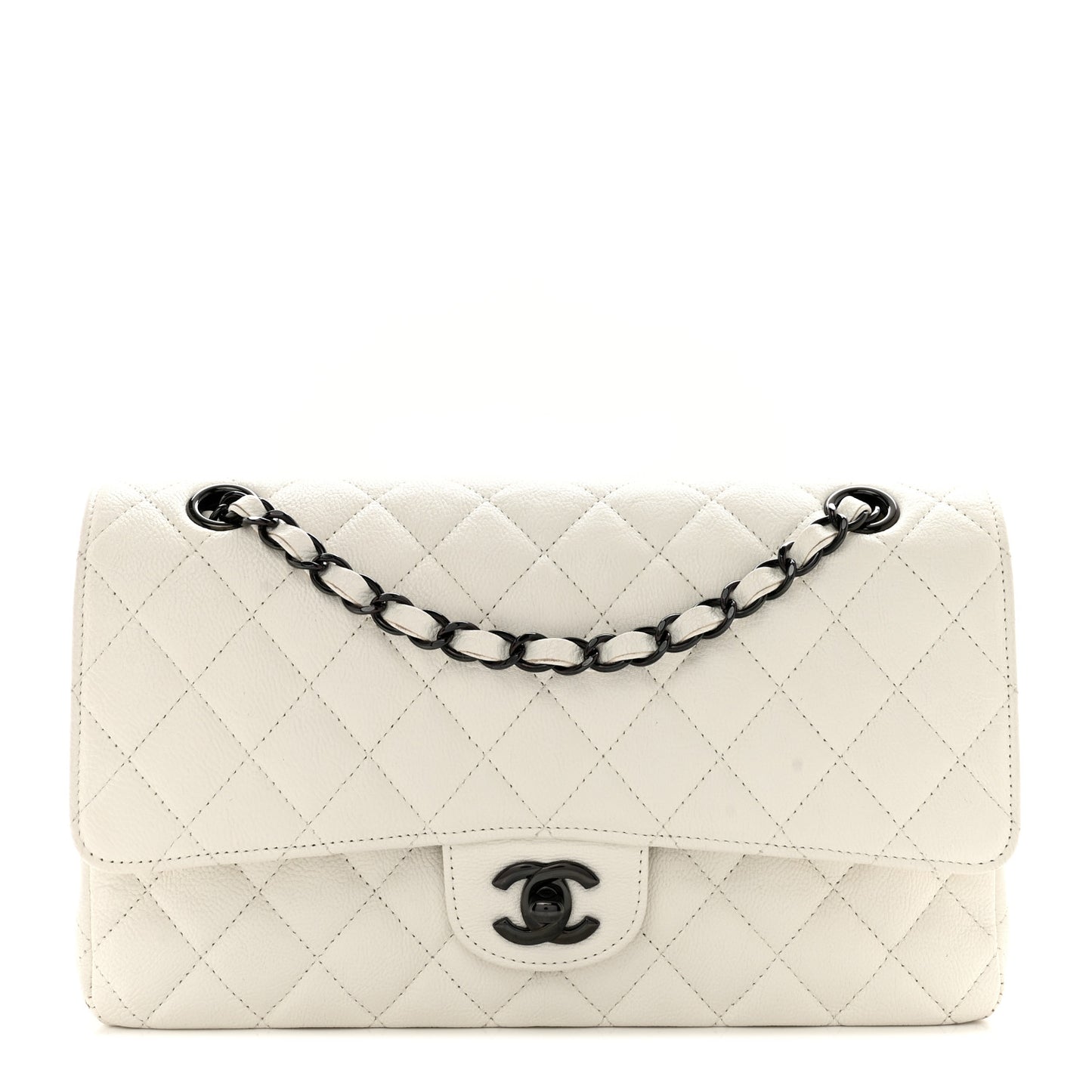 Crumpled Calfskin Quilted Medium Double Flap White