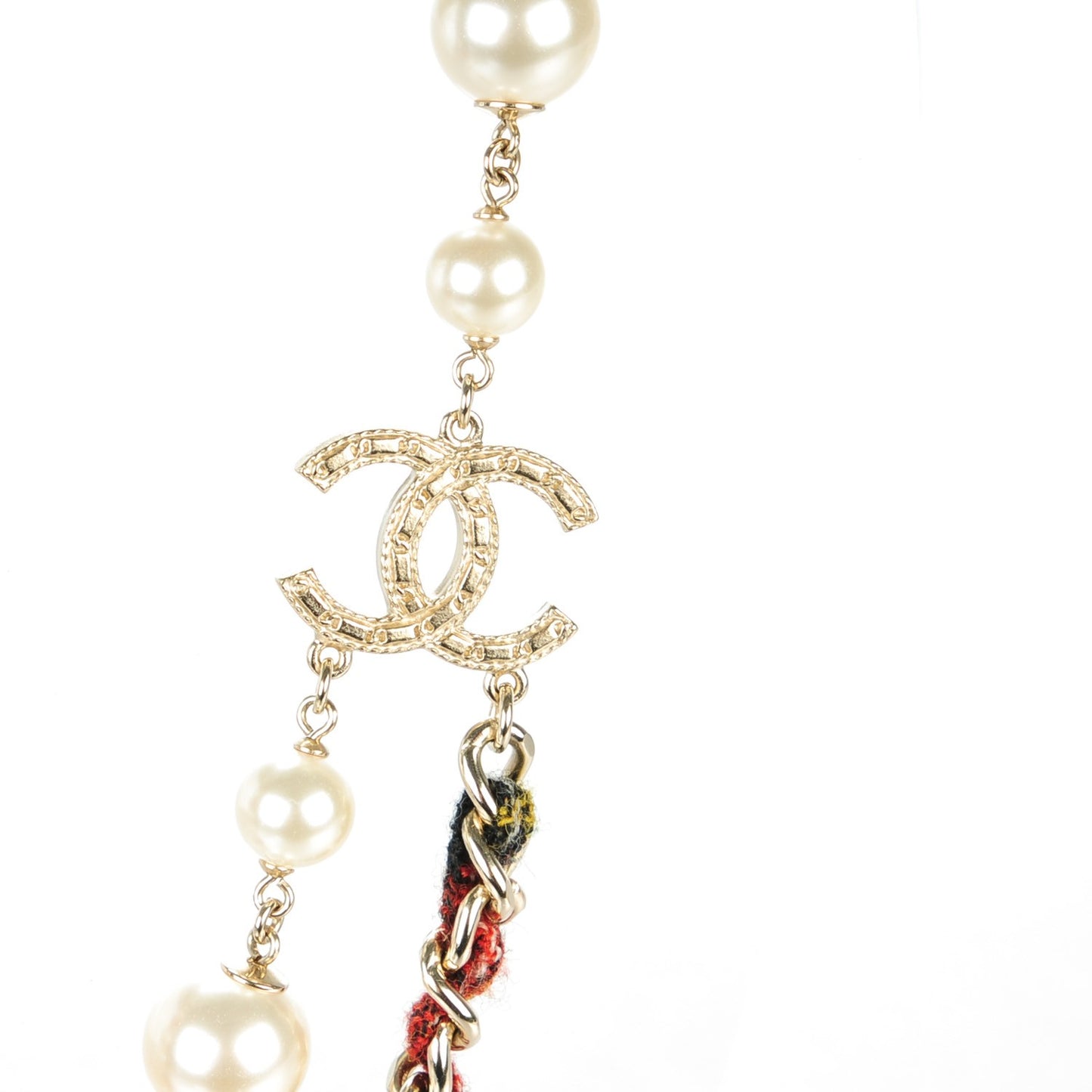 Tweed Pearl CC Beaded Necklace Red Gold
