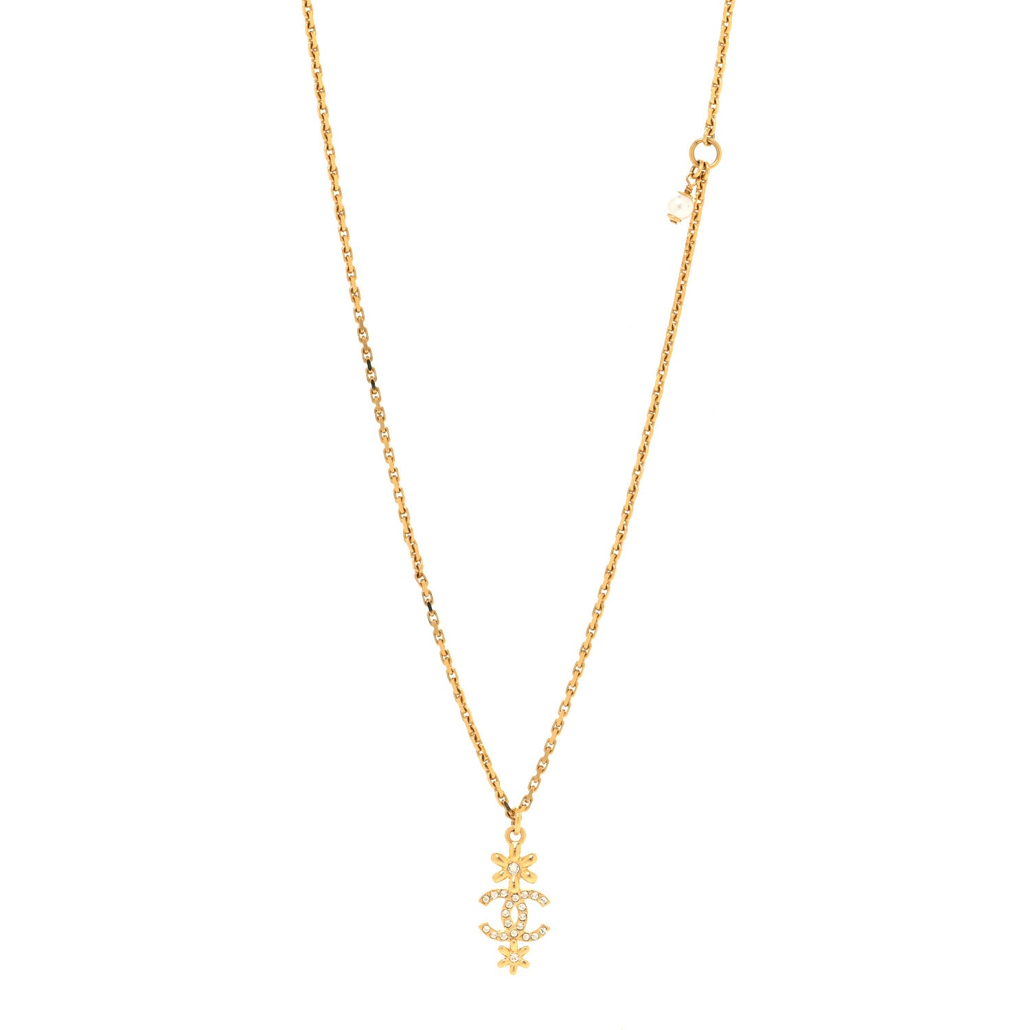 Chanel Pearl Crystal CC Flower Pendant Necklace Gold White 1 of 5