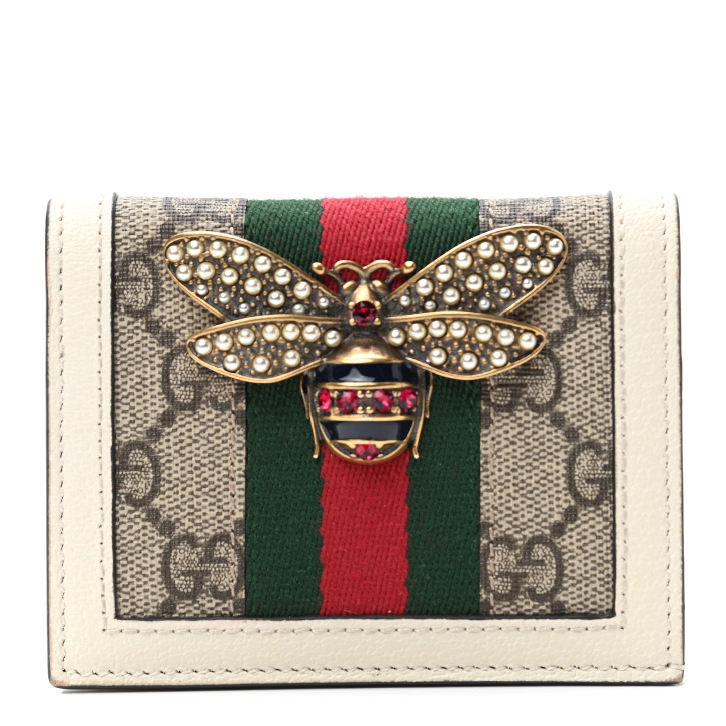 GG Supreme Monogram Web Queen Margaret Card Case Wallet Beige Mystic White