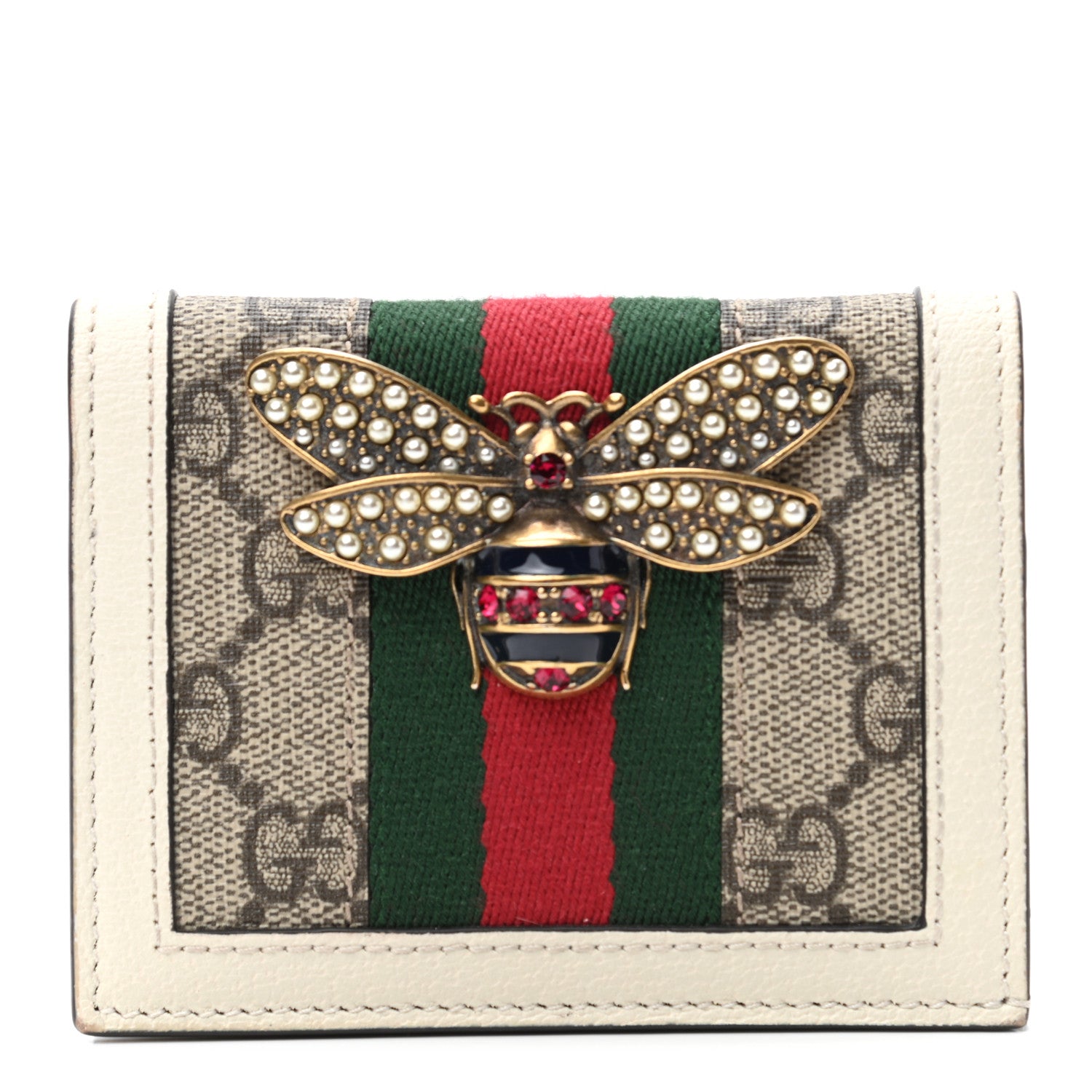 Gucci GG Supreme Monogram Web Queen Margaret Card Case Wallet Beige Mystic White 1 of 7