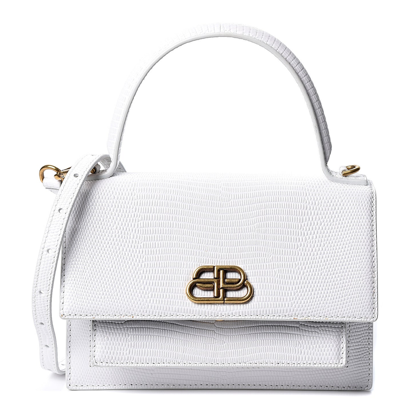 Patent Calfskin Lizard Embossed XS Sharp Top Handle Bag White