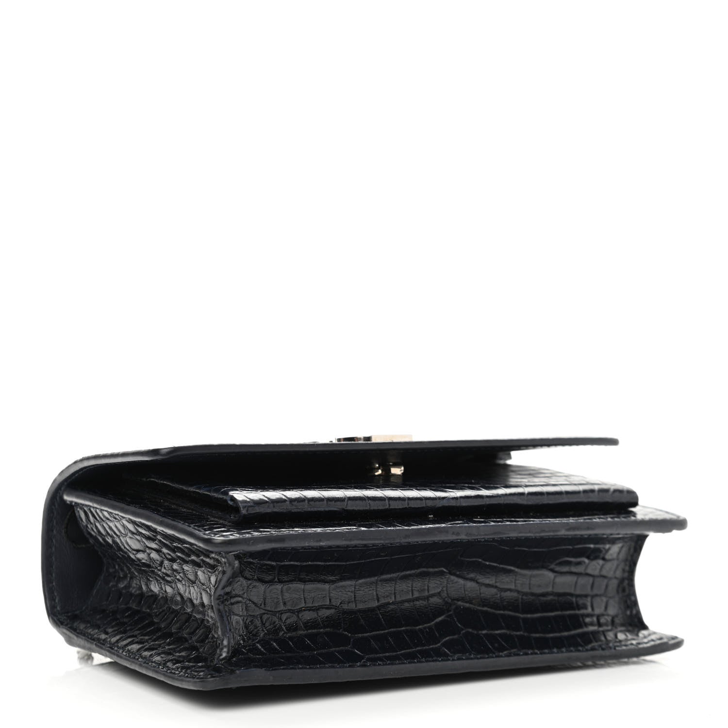 Saint Laurent Calfskin Crocodile Embossed Monogram Sunset Chain Wallet Navy 4 of 10