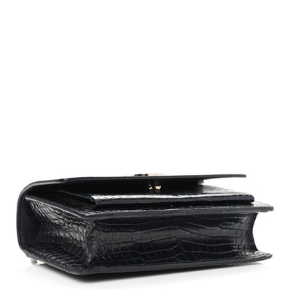 Saint Laurent Calfskin Crocodile Embossed Monogram Sunset Chain Wallet Navy 4 of 10