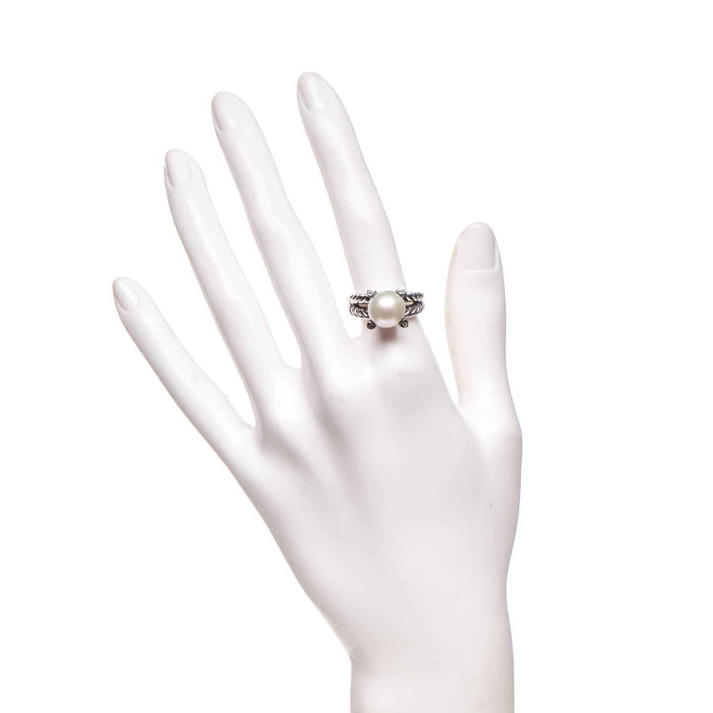 Sterling Silver Diamond 10mm Pearl Cable Ring 6