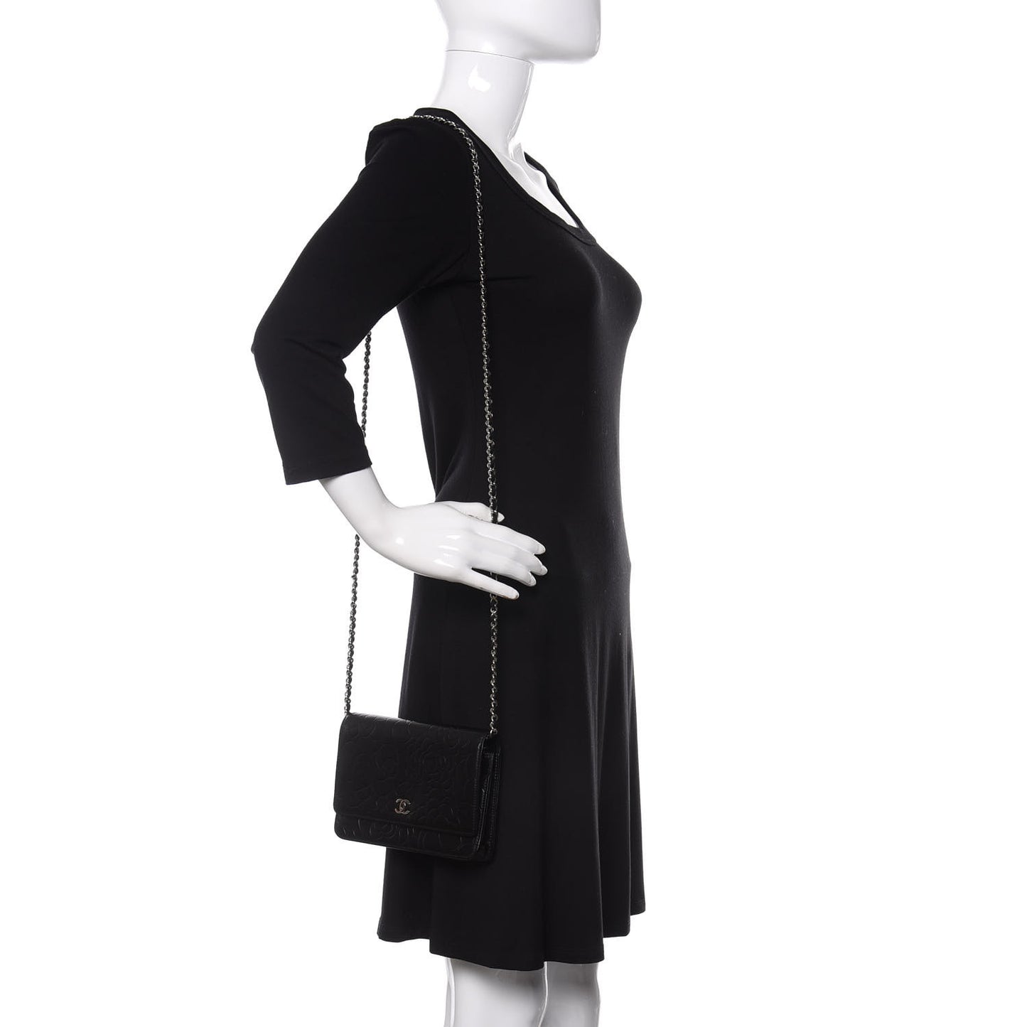 Lambskin Camellia Embossed Wallet on Chain WOC Black