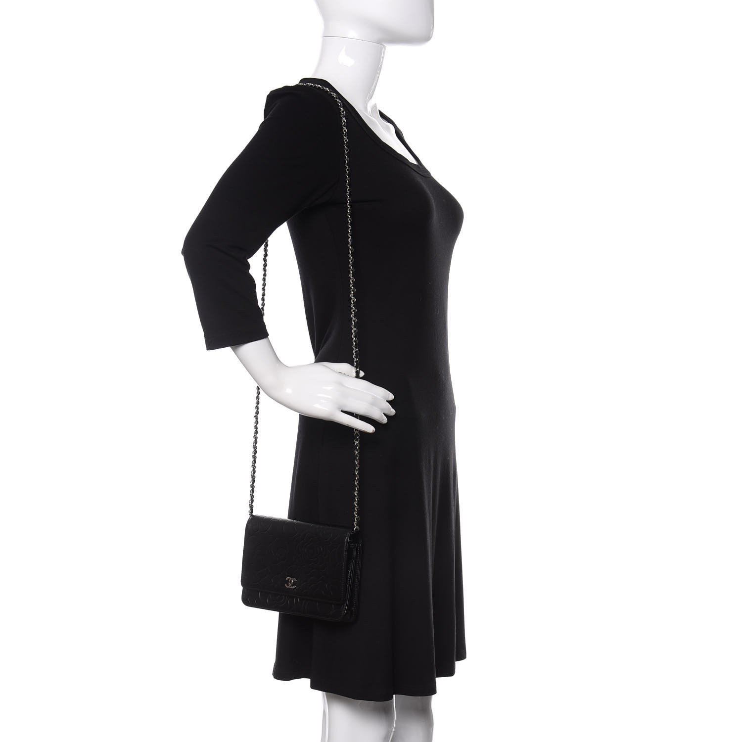 Chanel Lambskin Camellia Embossed Wallet on Chain WOC Black 2 of 12
