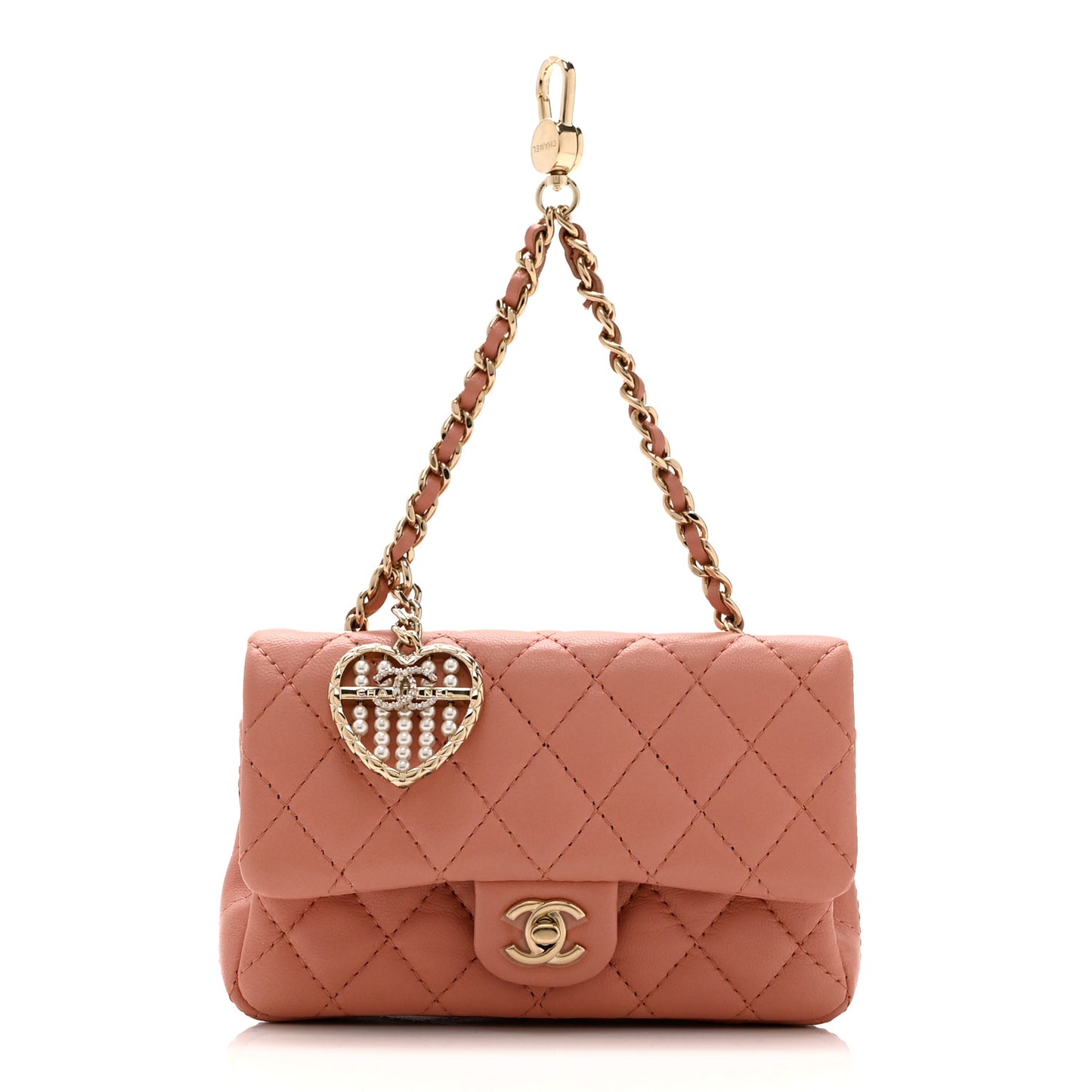 Lambskin Quilted Mini Flap Bag Charm With Hook Coral