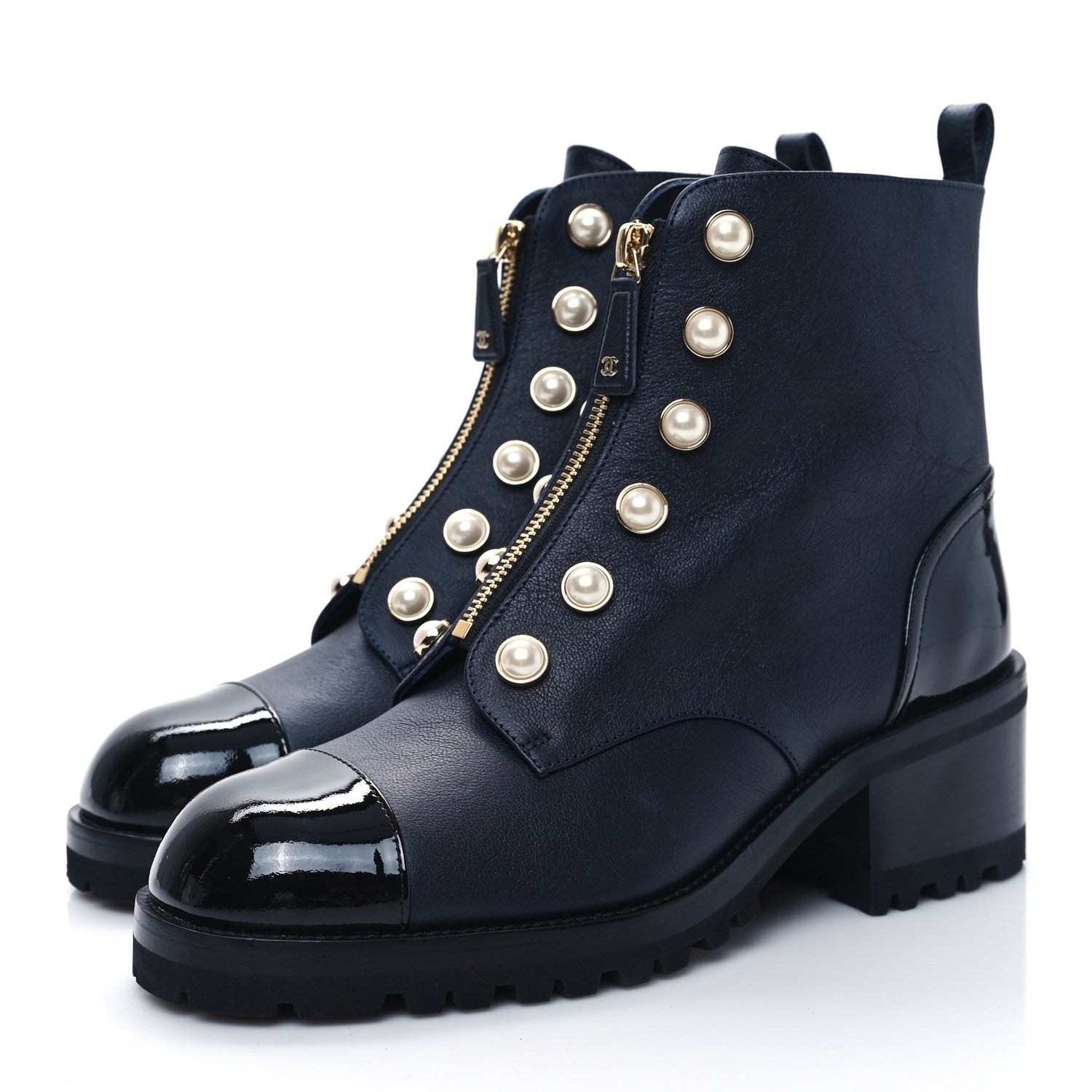 Chanel Grained Calfskin Patent Pearl Combat Ankle Boots 41 Dark Navy Blue Black 3 of 10