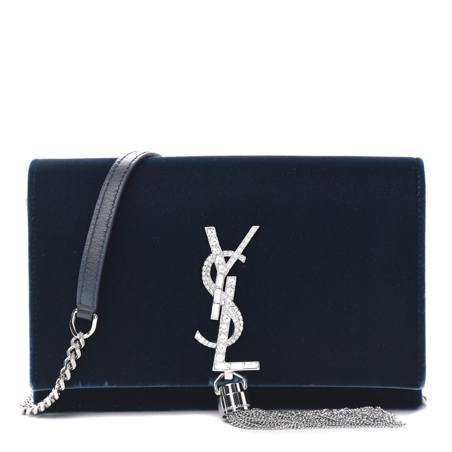 Velvet Crystal Monogram Kate Tassel Chain Wallet Blue