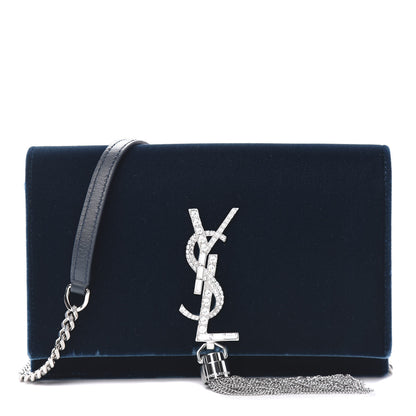Saint Laurent Velvet Crystal Monogram Kate Tassel Chain Wallet Blue 1 of 9