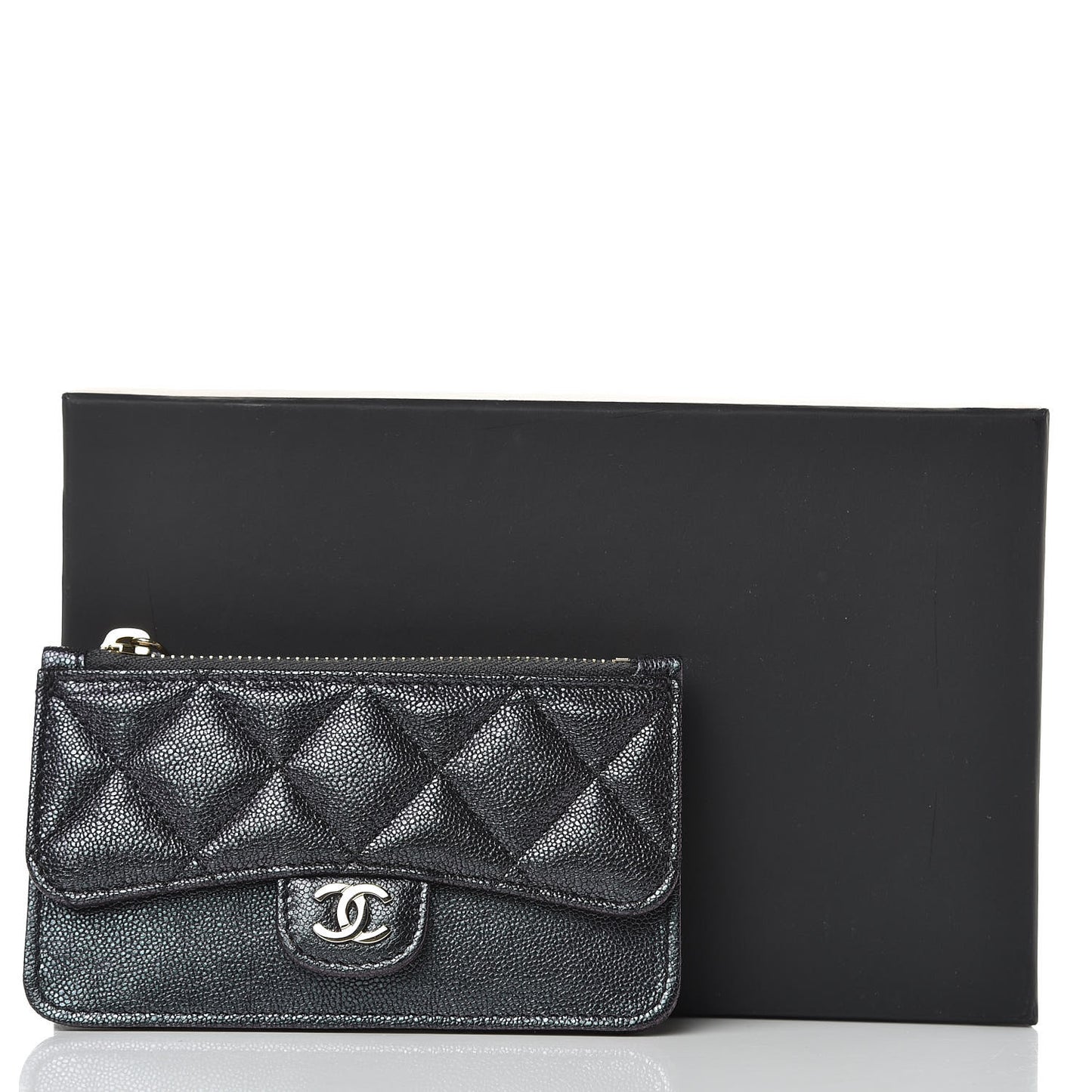 Iridescent Caviar Quilted Flap Zip Card Holder Black