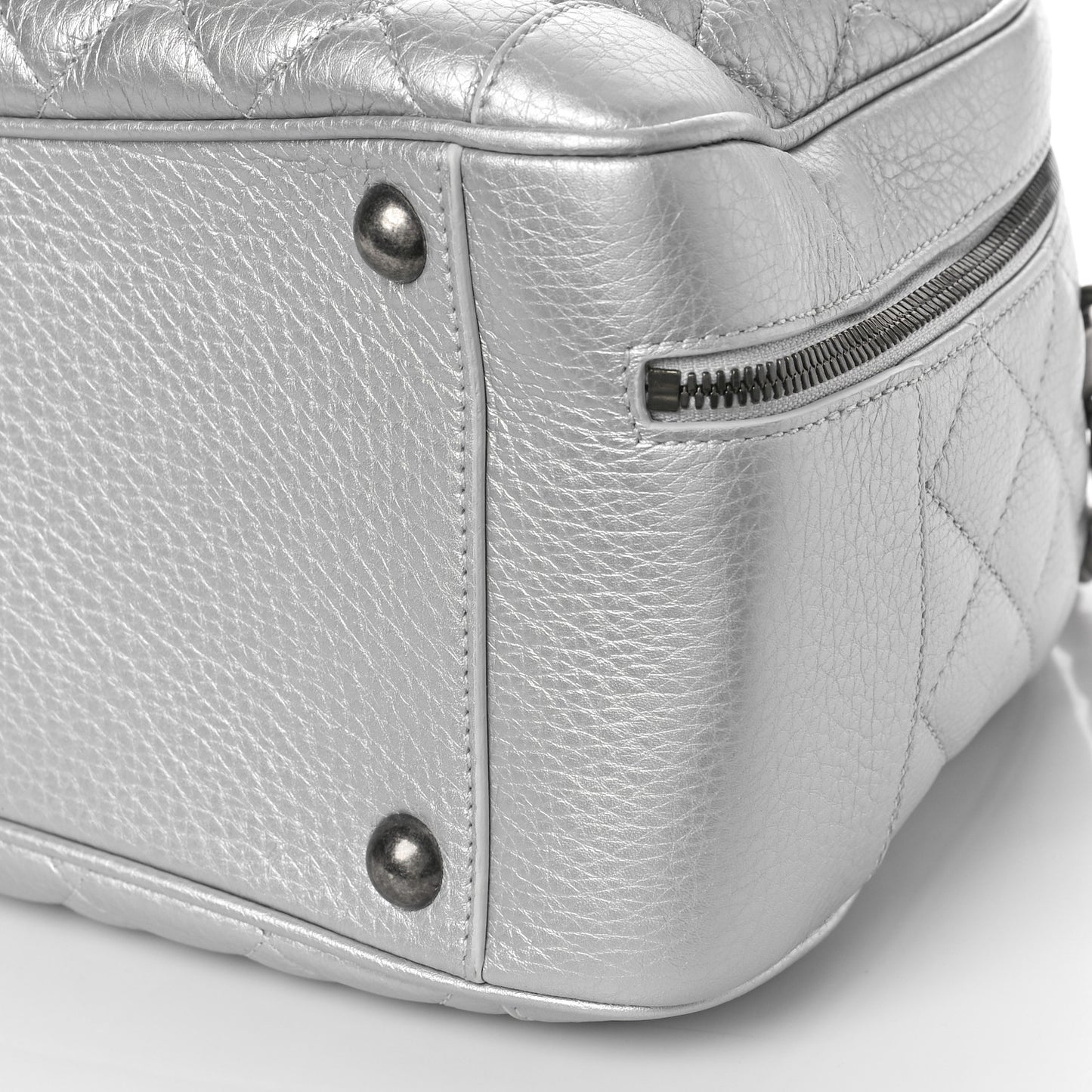 Metallic Calfskin Quilted Medium Airlines Round Trip Bowling Bag Silver Silver
