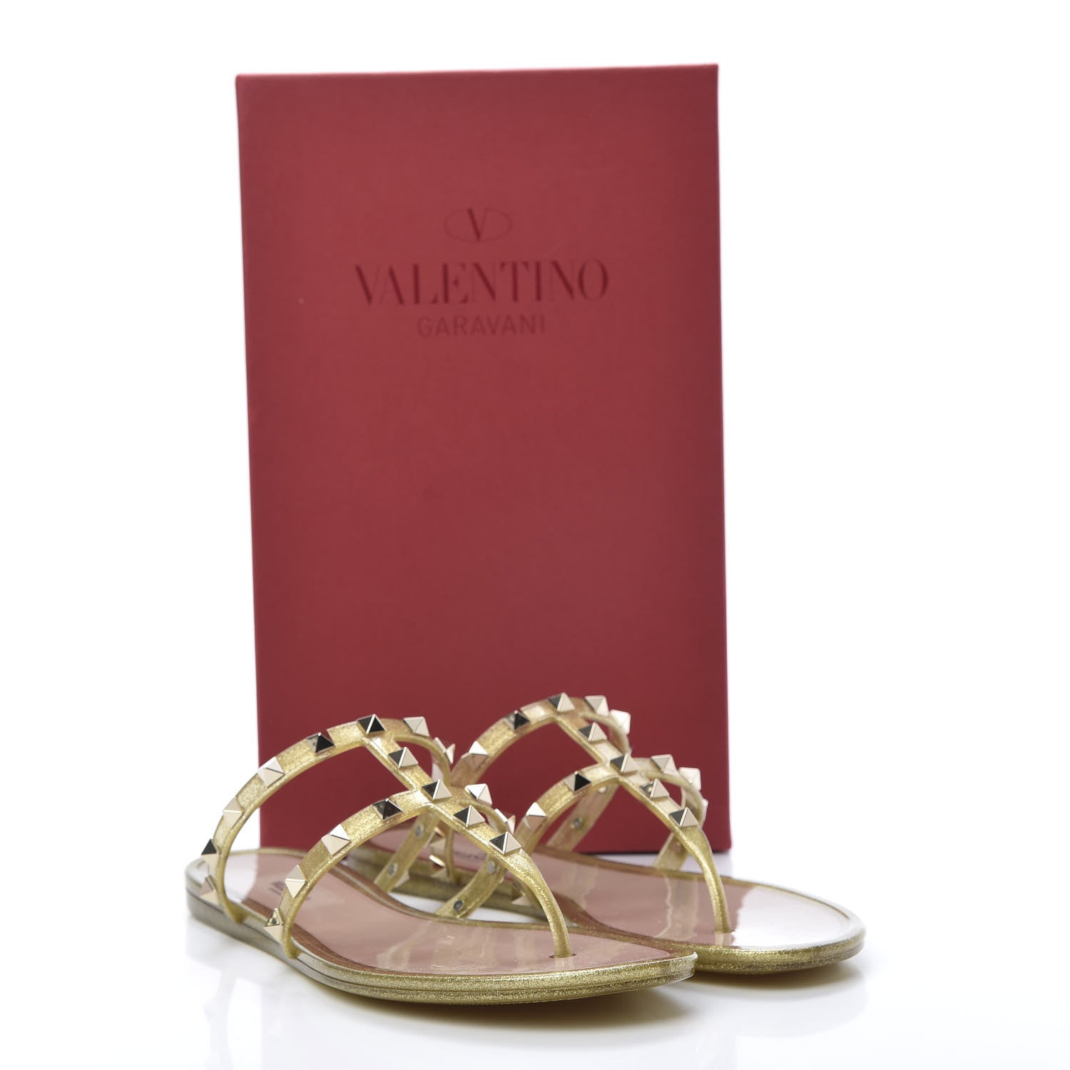 Valentino Garavani PVC Jelly Glitter Rockstud Caged Flat Thong Sandals 39 Oro 8 of 8