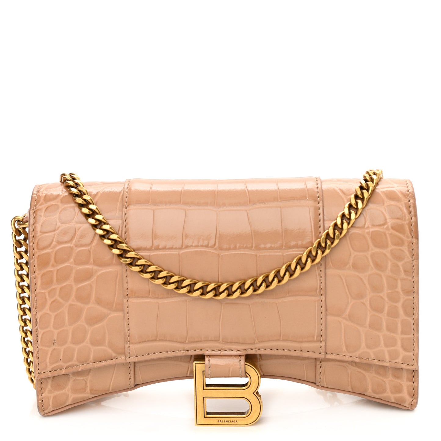 Shiny Calfskin Crocodile Embossed Hourglass Chain Bag Nude Beige