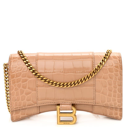 Balenciaga Shiny Calfskin Crocodile Embossed Hourglass Chain Bag Nude Beige 1 of 13