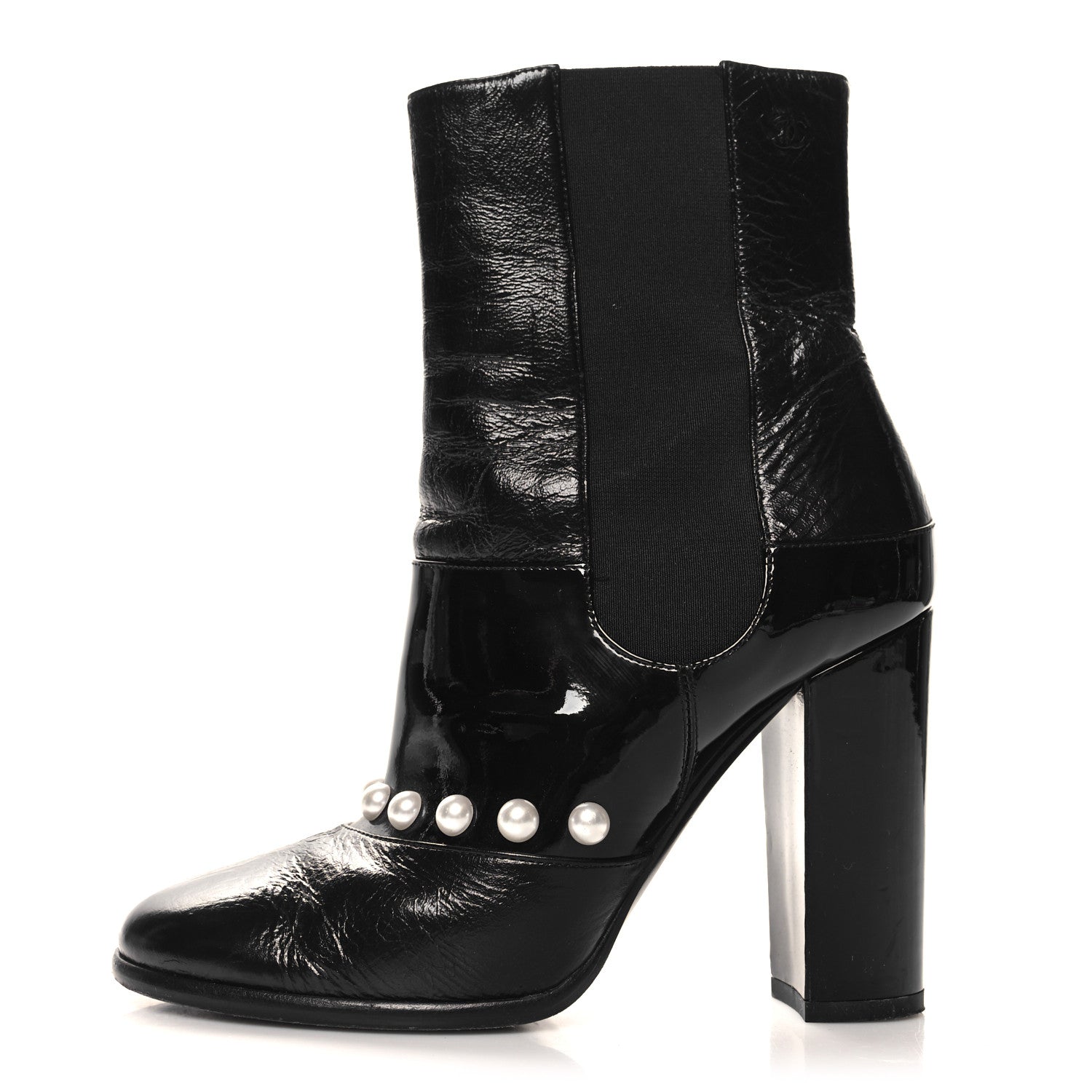 Chanel Patent Pearl Elastic Boots 37 Black 1 of 9