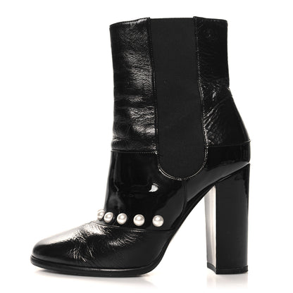 Chanel Patent Pearl Elastic Boots 37 Black 1 of 9